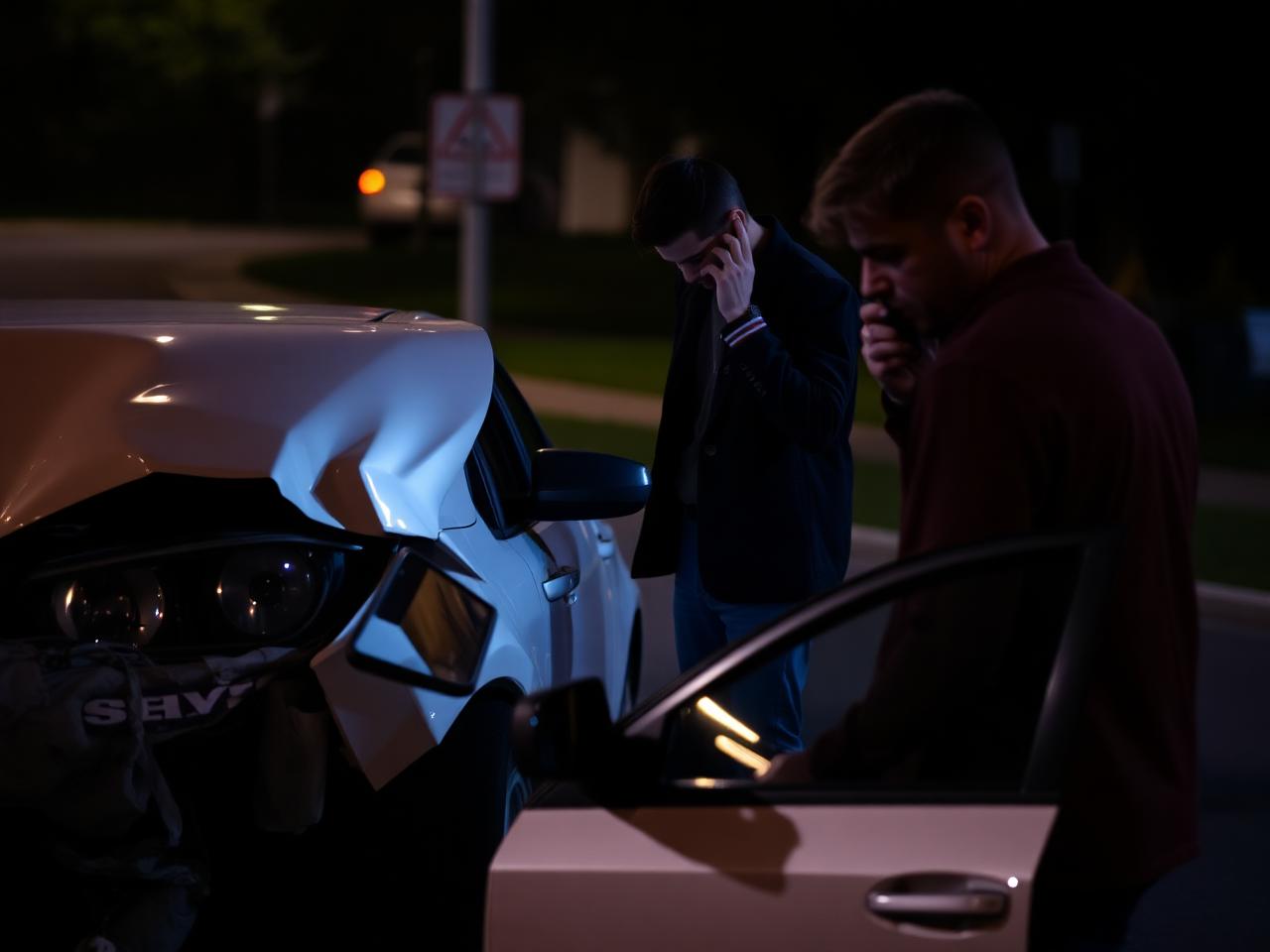 Person on phone next to damaged car after accident